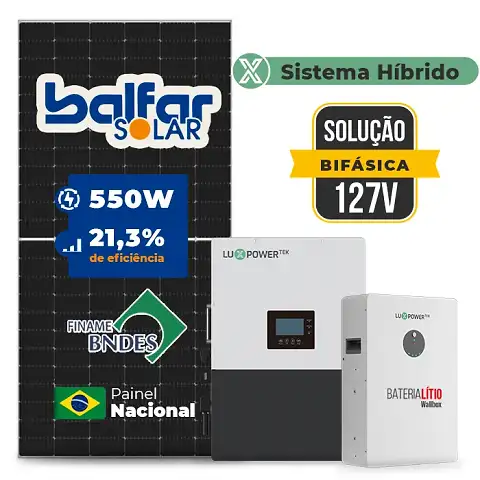 Gerador de Energia Solar Hibrido Luxpower Sem Estrutura SGF 16,5KWP FINAME 550W LXP-LB-BR 10KW AC 127 BIFASICO DC48V BAT. LITIO 15,36kWh