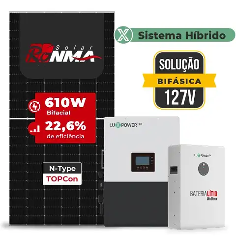 Gerador de Energia Solar Hibrido Luxpower Sem Estrutura SGF 17,08KWP RONMA 610W LXP-LB-BR 10KW AC 127 BIFASICO DC48V BAT. LITIO 15,36kWh