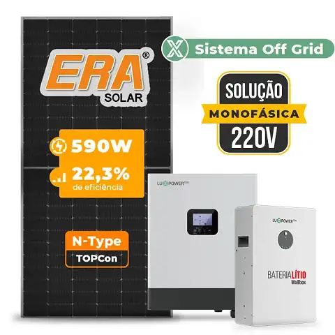 Gerador de Energia Solar Off Grid Interativo Luxpower Sem Estrutura SGF 7,08KWP ERA 590W GEN-LB-EU 5KW AC 220 MONO DC48V BAT. LITIO 5,12kWh