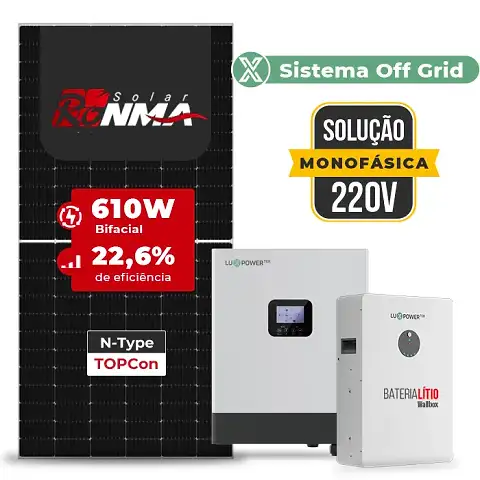 Gerador de Energia Solar Hibrido Luxpower Telhado Fibro Parafuso Metal SGF 7,32KWP RONMA 610W GEN-LB-EU 5KW AC 220 MONO DC48V BAT. LITIO 5,12kWh