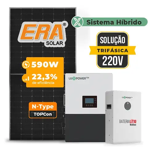 Gerador de Energia Solar Hibrido Luxpower Telhado Fibro Parafuso Madeira SGF 35,4KWP ERA 590W LXP-LB-BR 10KW AC TRIF. 220V DC48V BAT. LITIO 25,6kWh