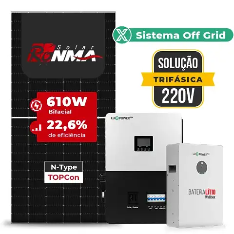 Gerador de Energia Solar Off Grid Interativo Luxpower Sem Estrutura SGF 19,52KWP RONMA 610W SNA-BR 5KW AC TRIF. 220V DC48V BAT. LITIO 15,36kWh