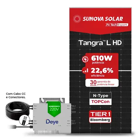 Gerador de Energia Solar Microinversor DEYE Telhado Fibro Parafuso Madeira SGF 2,44KWP SUNOVA N-TYPE MONO 610W SUN 2.25KW 4MPPT MONO 220V COM CABO 