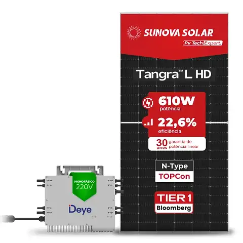 Gerador de Energia Solar Microinversor DEYE Telhado Fibro Parafuso Metal SGF 2,44KWP SUNOVA N-TYPE MONO 610W SUN 2.25KW 4MPPT MONO 220V