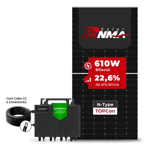 Gerador de Energia Solar Microinversor Growatt Telhado Metálico Mini Trilho SGF 9,76KWP RONMA 610W BIFACIAL NEO 2KW 4MPPT MONO 220V COM CABO