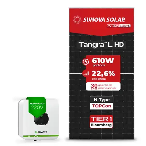 Gerador de Energia Solar On Grid Growatt Telhado Fibro Parafuso Madeira SGF 3,66KWP SUNOVA N-TYPE MONO 610W MIC X2 3KW 1MPPT MONO 220V