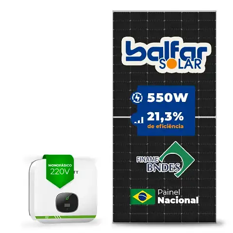 Gerador de Energia Solar On Grid Growatt Telhado Fibro Parafuso Madeira SGF 6,60KWP BALFAR FINAME 550W MIN X2 5KW 2MPPT MONO 220V