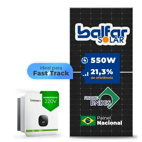 Gerador de Energia Solar On Grid Growatt Telhado Fibro Parafuso Metal SGF 7,70KWP BALFAR FINAME 550W MIN X2 7.5KW 2MPPT FAST TRACK MONO 220V