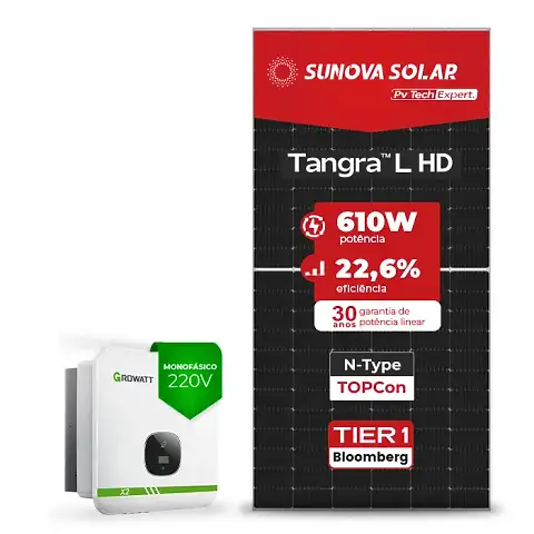 Gerador de Energia Solar On Grid Growatt Telhado Ondulado SGF 9,76KWP SUNOVA N-TYPE MONO 610W MIN X2 8KW 3MPPT MONO 220V