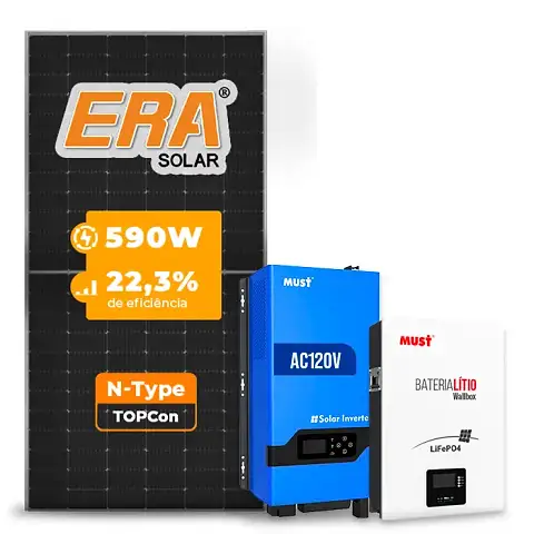 Gerador de Energia Solar Off Grid Interativo Must Sem Estrutura SGF 7,08KWP ERA 590W PV29 LHP 5KW AC120V DC48V BAT. LITIO 5.12KWH 100A