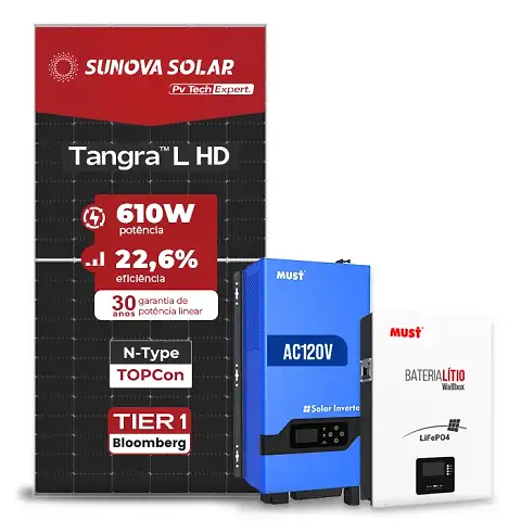 Gerador de Energia Solar Off Grid Interativo Must Sem Estrutura SGF 4,88KWP SUNOVA 610W PV29 LHP 5KW AC120V DC48V BAT. LITIO 5.12KWH 100A