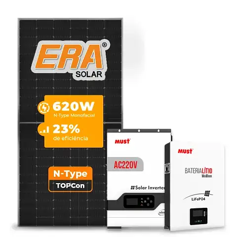 Gerador de Energia Solar Off Grid Interativo Must Telhado Fibro Parafuso Madeira SGF 7,44KWP ERA 620W PV29 HP 5KW AC220V DC48V BAT. LITIO 5.12KWH 100A