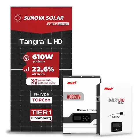 Gerador de Energia Solar Off Grid Interativo Must Sem Estrutura SGF 7,32KWP SUNOVA 610W PV29 HP 5KW AC220V DC48V BAT. LITIO 5.12KWH 100A