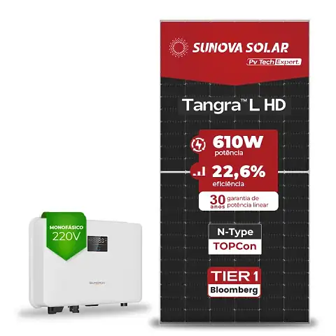 Gerador de Energia Solar On Grid Sungrow Telhado Fibro Parafuso Madeira SGF 3,05KWP SUNOVA N-TYPE MONO 610W SG RS-L 3KW 1MPPT MONO 220V