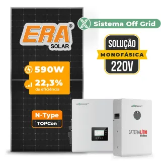 Gerador de Energia Solar Off Grid Interativo Luxpower Telhado Fibro Parafuso Metal SGF 14,16KWP ERA 590W GEN-LB-EU 10KW AC 220 MONO DC48V BAT. LITIO 15,36kWh