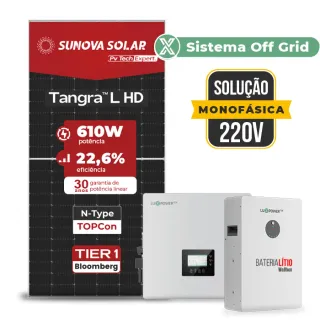 Gerador de Energia Solar Off Grid Interativo Luxpower Telhado Fibro Parafuso Metal SGF 14,64KWP SUNOVA 610W GEN-LB-EU 10KW AC 220 MONO DC48V BAT. LITIO 15,36kWh