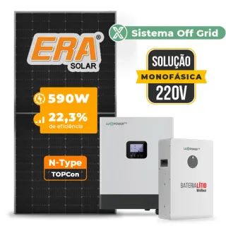 Gerador de Energia Solar Off Grid Interativo Luxpower Telhado Fibro Parafuso Metal SGF 7,08KWP ERA 590W GEN-LB-EU 5KW AC 220 MONO DC48V BAT. LITIO 5,12kWh