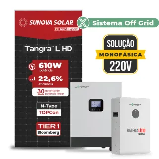 Gerador de Energia Solar Off Grid Interativo Luxpower Telhado Fibro Parafuso Metal SGF 7,32KWP SUNOVA 610W GEN-LB-EU 5KW AC 220 MONO DC48V BAT. LITIO 5,12kWh