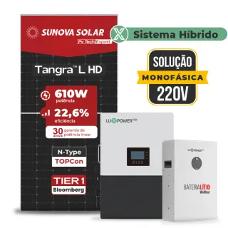Gerador de Energia Solar Hibrido Luxpower Telhado Fibro Parafuso Madeira SGF 7,32KWP SUNOVA 610W LXP-LB-BR 5KW AC 220V MONO DC48V BAT. LITIO 5,12kWh