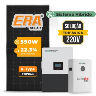 Gerador de Energia Solar Hibrido Luxpower Telhado Fibro Parafuso Madeira SGF 18,88KWP ERA 590W LXP-LB-BR 5KW AC TRIF. 220V DC48V BAT. LITIO 15,36kWh