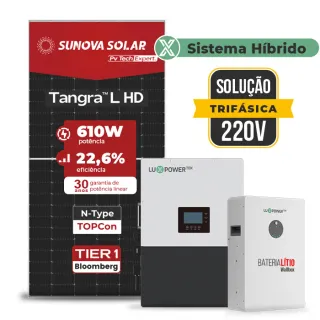 Gerador de Energia Solar Hibrido Luxpower Telhado Fibro Parafuso Madeira SGF 19,52KWP SUNOVA 610W LXP-LB-BR 5KW AC TRIF. 220V DC48V BAT. LITIO 15,36kWh