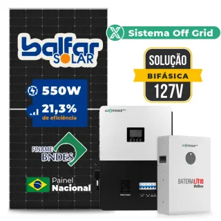 Gerador de Energia Solar Off Grid Interativo Luxpower Telhado Fibro Parafuso Madeira SGF 6,6KWP FINAME 550W SNA-BR 5KW AC 127 BIFASICO DC48V BAT. LITIO 5,12kWh