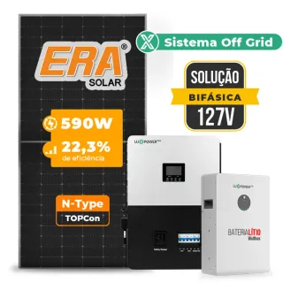 Gerador de Energia Solar Retrofit Luxpower Sem Estrutura SGF 1,18KWP ERA 590W SNA-BR 5KW AC 127 BIFASICO DC48V BAT. LITIO 5,12kWh