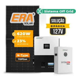 Gerador de Energia Solar Off Grid Interativo Luxpower Telhado Fibro Parafuso Madeira SGF 7,44KWP ERA 620W SNA-BR 5KW AC 127 BIFASICO DC48V BAT. LITIO 5,12kWh