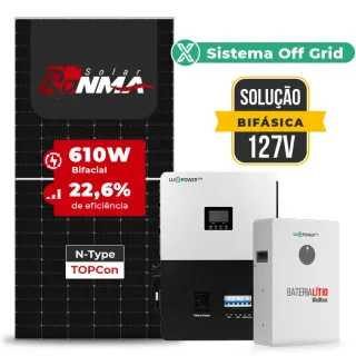 Gerador de Energia Solar Off Grid Interativo Luxpower Telhado Fibro Parafuso Madeira SGF 7,32KWP RONMA 610W SNA-BR 5KW AC 127 BIFASICO DC48V BAT. LITIO 5,12kWh