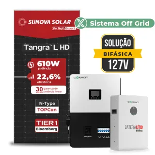 Gerador de Energia Solar Off Grid Interativo Luxpower Telhado Fibro Parafuso Metal SGF 7,32KWP SUNOVA 610W SNA-BR 5KW AC 127 BIFASICO DC48V BAT. LITIO 5,12kWh