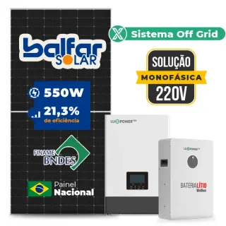 Gerador de Energia Solar Off Grid Interativo Luxpower Telhado Fibro Parafuso Madeira SGF 6,6KWP FINAME 550W WPV 5KW AC 220 MONO DC48V BAT. LITIO 5,12kWh