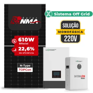 Gerador de Energia Solar Off Grid Interativo Luxpower Telhado Fibro Parafuso Madeira SGF 7,32KWP RONMA 610W WPV 5KW AC 220 MONO DC48V BAT. LITIO 5,12kWh