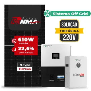 Gerador de Energia Solar Off Grid Interativo Luxpower Telhado Fibro Parafuso Madeira SGF 19,52KWP RONMA 610W SNA-BR 5KW AC TRIF. 220V DC48V BAT. LITIO 15,36kWh
