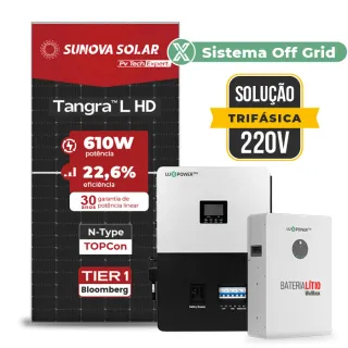 Gerador de Energia Solar Off Grid Interativo Luxpower Telhado Fibro Parafuso Metal SGF 19,52KWP SUNOVA 610W SNA-BR 5KW AC TRIF. 220V DC48V BAT. LITIO 15,36kWh