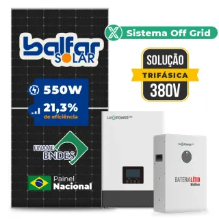 Gerador de Energia Solar Off Grid Interativo Luxpower Telhado Fibro Parafuso Madeira SGF 24,2KWP FINAME 550W WPV 5KW AC TRIF. 380V DC48V BAT. LITIO 20,48kWh