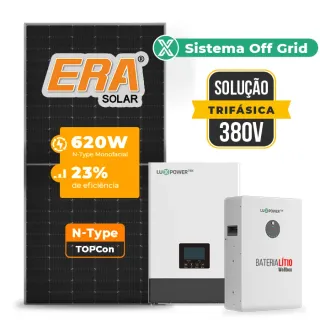 Gerador de Energia Solar Off Grid Interativo Luxpower Telhado Fibro Parafuso Madeira SGF 27,28KWP ERA 620W WPV 5KW AC TRIF. 380V DC48V BAT. LITIO 20,48kWh