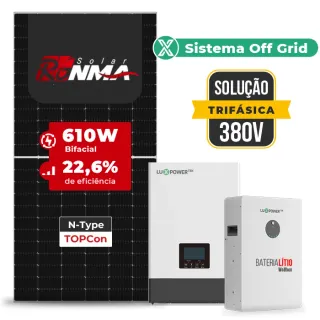 Gerador de Energia Solar Off Grid Interativo Luxpower Telhado Fibro Parafuso Madeira SGF 26,84KWP RONMA 610W WPV 5KW AC TRIF. 380V DC48V BAT. LITIO 20,48kWh