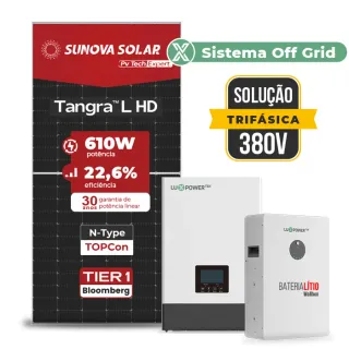 Gerador de Energia Solar Off Grid Interativo Luxpower Telhado Fibro Parafuso Metal SGF 26,84KWP SUNOVA 610W WPV 5KW AC TRIF. 380V DC48V BAT. LITIO 20,48kWh