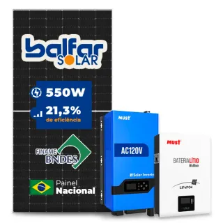 Gerador de Energia Solar Off Grid Interativo Must Telhado Fibro Parafuso Madeira SGF 4,4KWP FINAME 550W PV29 LHP 5KW AC120V DC48V BAT. LITIO 5.12KWH 100A