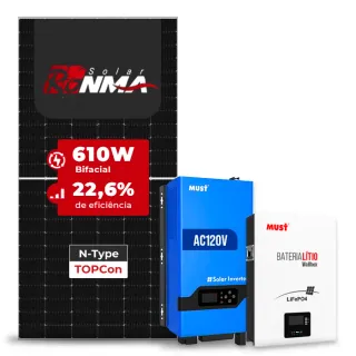 Gerador de Energia Solar Off Grid Interativo Must Telhado Fibro Parafuso Madeira SGF 4,88KWP RONMA 610W PV29 LHP 5KW AC120V DC48V BAT. LITIO 5.12KWH 100A