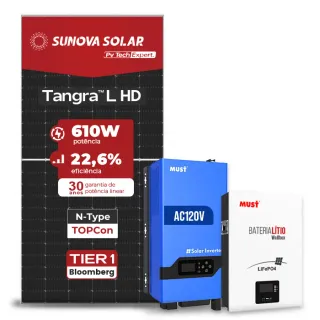 Gerador de Energia Solar Off Grid Interativo Must Sem Estrutura SGF 4,88KWP SUNOVA 610W PV29 LHP 5KW AC120V DC48V BAT. LITIO 5.12KWH 100A