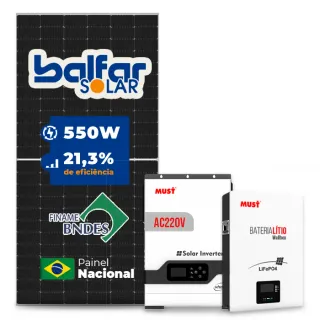 Gerador de Energia Solar Off Grid Interativo Must Telhado Fibro Parafuso Madeira SGF 4,4KWP FINAME 550W PV29 HP 5KW AC220V DC48V BAT. LITIO 5.12KWH 100A