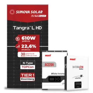 Gerador de Energia Solar Off Grid Interativo Must Sem Estrutura SGF 4,88KWP SUNOVA 610W PV29 HP 5KW AC220V DC48V BAT. LITIO 5.12KWH 100A