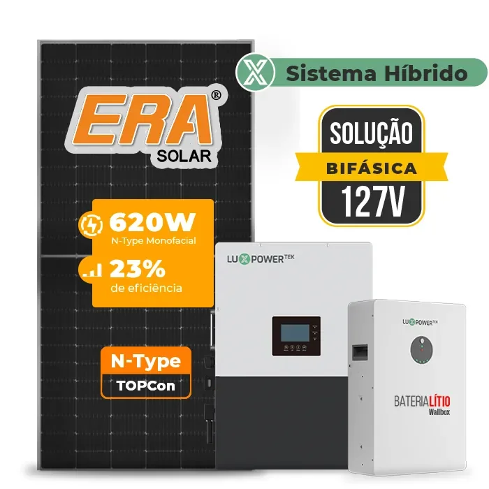 Gerador de Energia Solar Hibrido Luxpower Telhado Cerâmico Gancho SGF 7,44KWP ERA 620W LXP-LB-BR 5KW AC 127 BIFASICO DC48V BAT. LITIO 5,12kWh