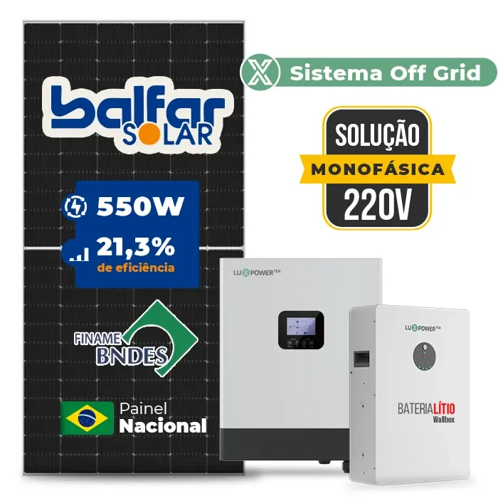 Gerador de Energia Solar Off Grid Interativo Luxpower Sem Estrutura SGF 6,6KWP FINAME 550W GEN-LB-EU 5KW AC 220 MONO DC48V BAT. LITIO 5,12kWh