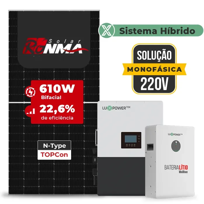 Gerador de Energia Solar Hibrido Luxpower Telhado Fibro Parafuso Madeira SGF 17,08KWP RONMA 610W LXP-LB-BR 10KW AC 220V MONO DC48V BAT. LITIO 15,36kWh