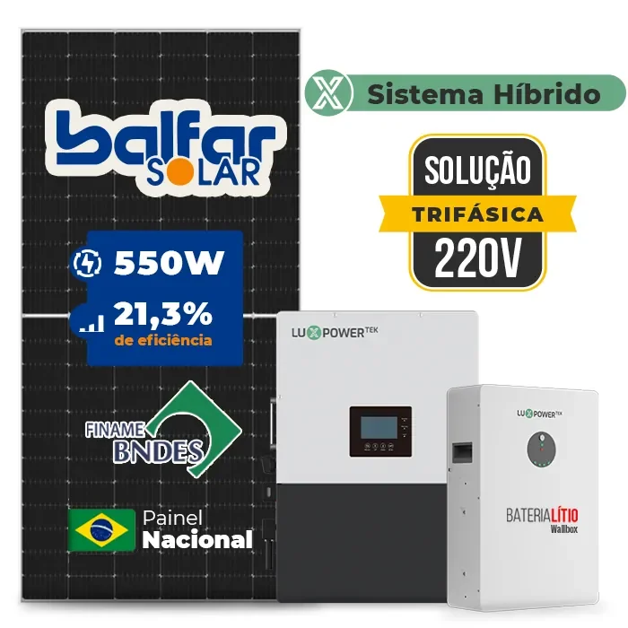 Gerador de Energia Solar Hibrido Luxpower Sem Estrutura SGF 17,6KWP FINAME 550W LXP-LB-BR 5KW AC TRIF. 220V DC48V BAT. LITIO 15,36kWh