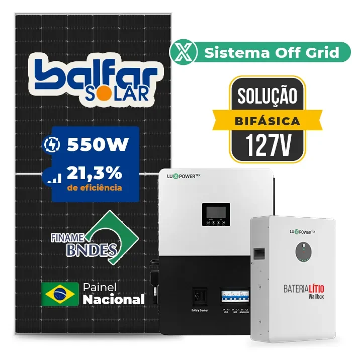 Gerador de Energia Solar Off Grid Interativo Luxpower Telhado Fibro Parafuso Metal SGF 6,6KWP FINAME 550W SNA-BR 5KW AC 127 BIFASICO DC48V BAT. LITIO 5,12kWh