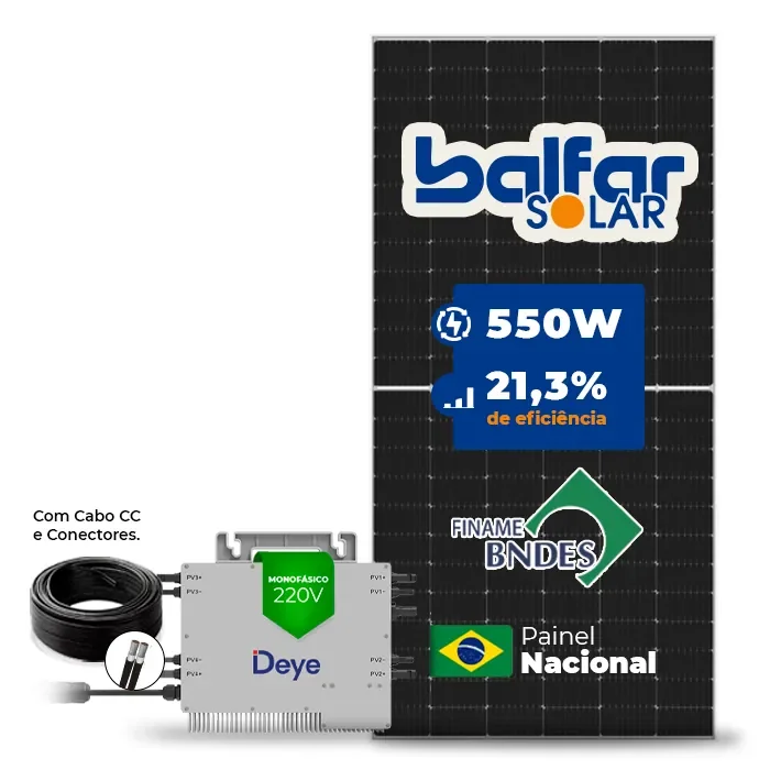 Gerador de Energia Solar Microinversor DEYE Telhado Fibro Parafuso Madeira SGF 11KWP BALFAR FINAME 550W SUN 2.25KW 4MPPT MONO 220V COM CABO