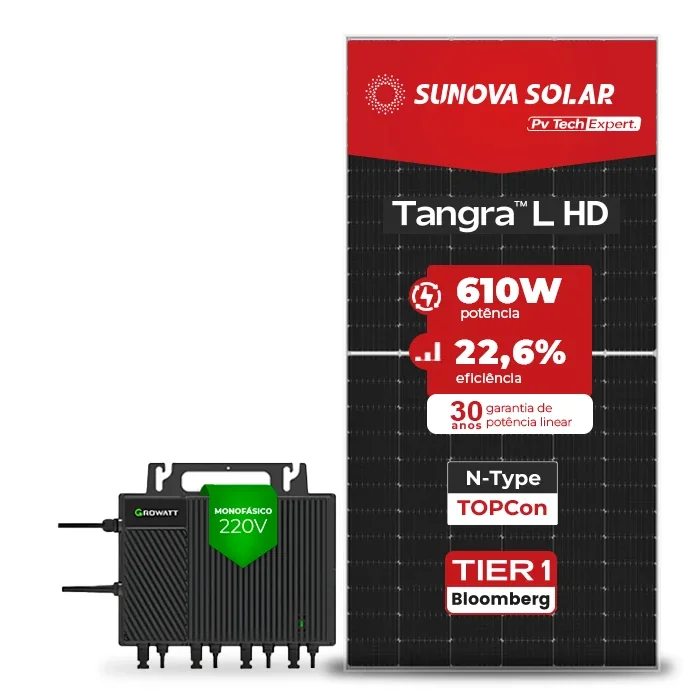 Gerador de Energia Solar Microinversor Growatt Telhado Fibro Parafuso Metal SGF 4,88KWP SUNOVA N-TYPE MONO 610W NEO 2KW 4MPPT MONO 220V